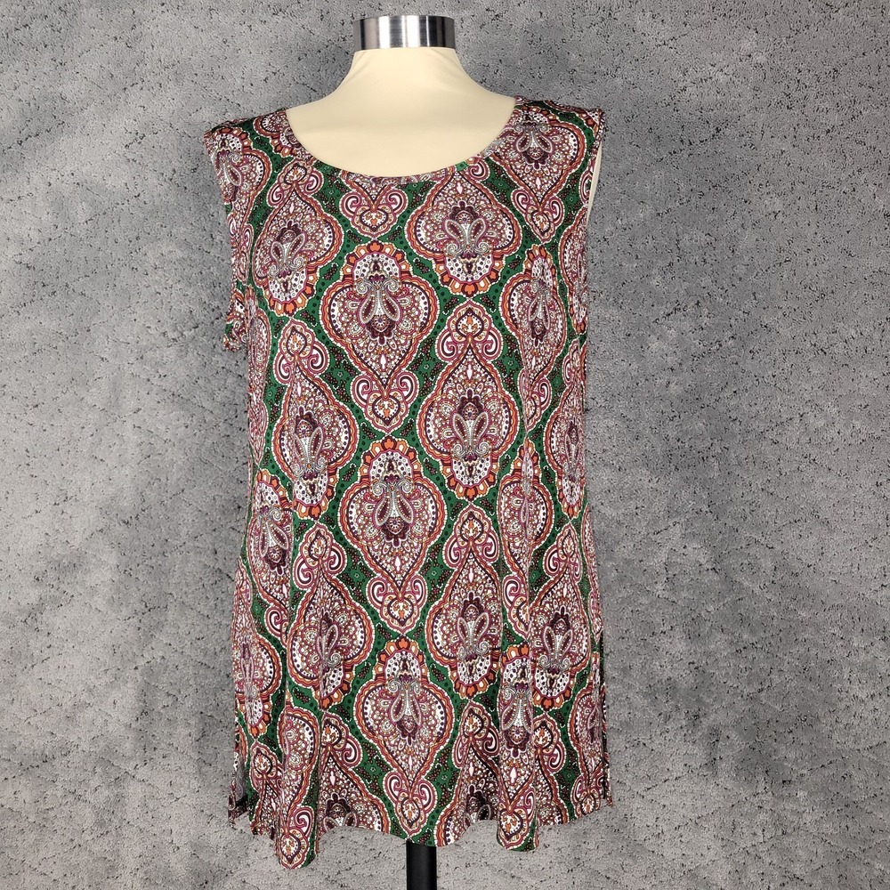 Susan Graver Top Womens M Sleeveless Tunic Geometric Scoop Neck Relaxed Comfort